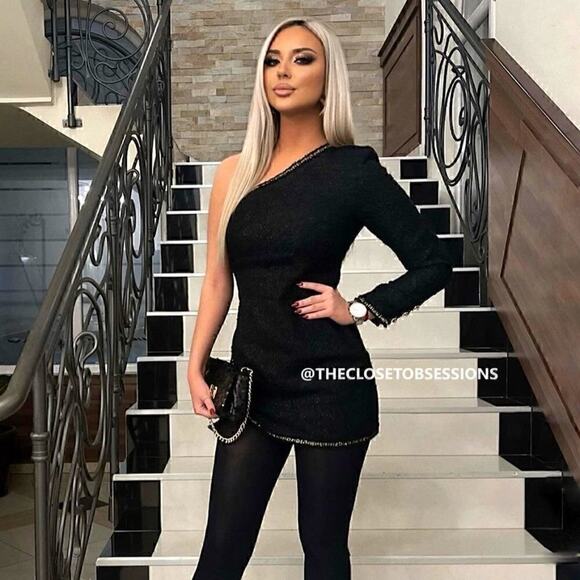 ZARA One Shoulder Textured Metallic Mini Dress NWT — Size M Black - Picture 7 of 16